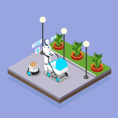 Home robots taking care of children isometric background composition with humanoid babysitter walking with pram vector illustration