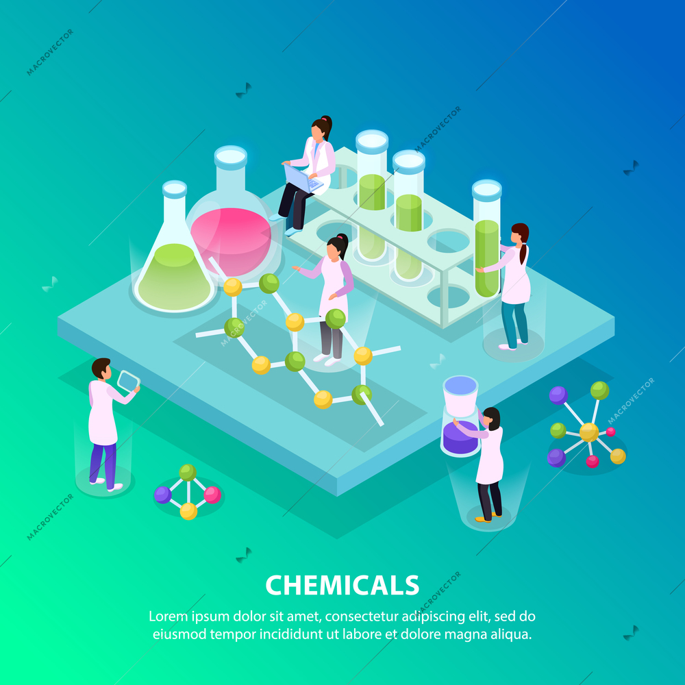 Isometric and flat chemicals background with five people work at the lab vector illustration