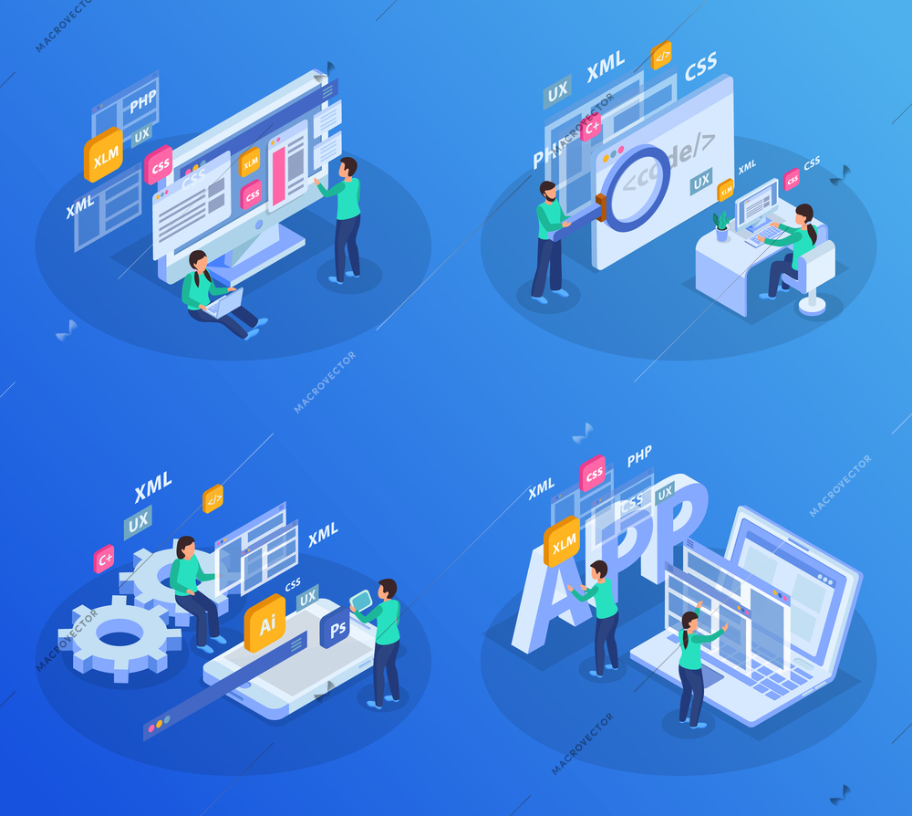 Web development isometric colored concept developers at the workplace in abstract situation vector illustration