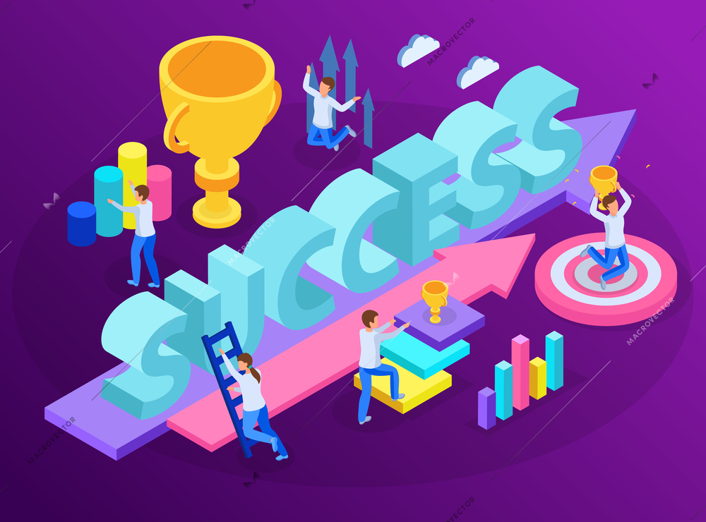 Run to goal isometric concept abstract situation with employer climbing stairs to success and trophy vector illustration