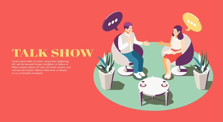 Two people at talk show composition on red background 3d isometric vector illustration