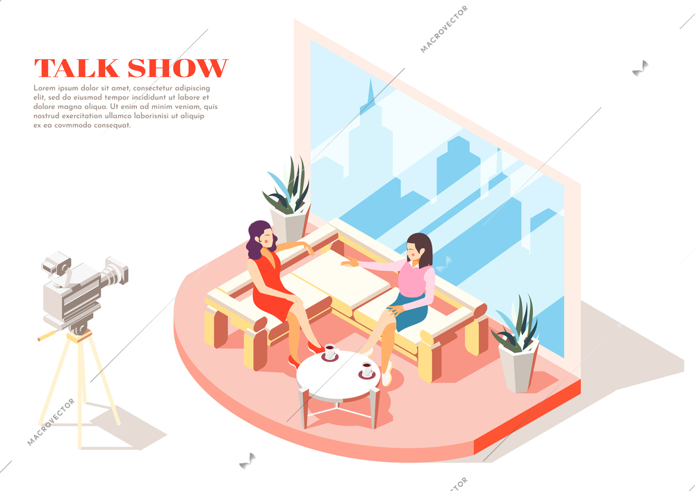 Talk show hostess and guest in studio isometric background 3d vector illustration