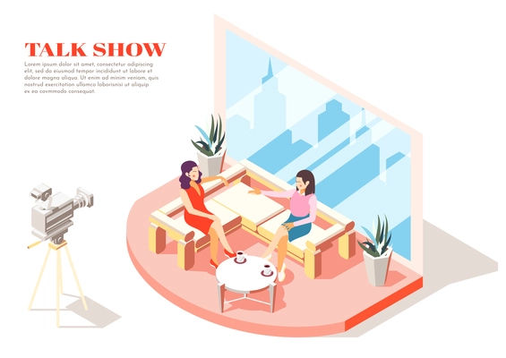 Talk show hostess and guest in studio isometric background 3d vector illustration