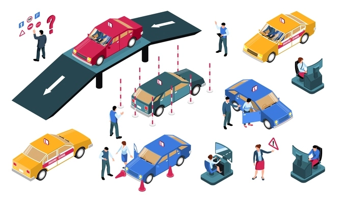 Isometric driving school horizontal set of isolated human characters street sign pictograms and images of cars vector illustration