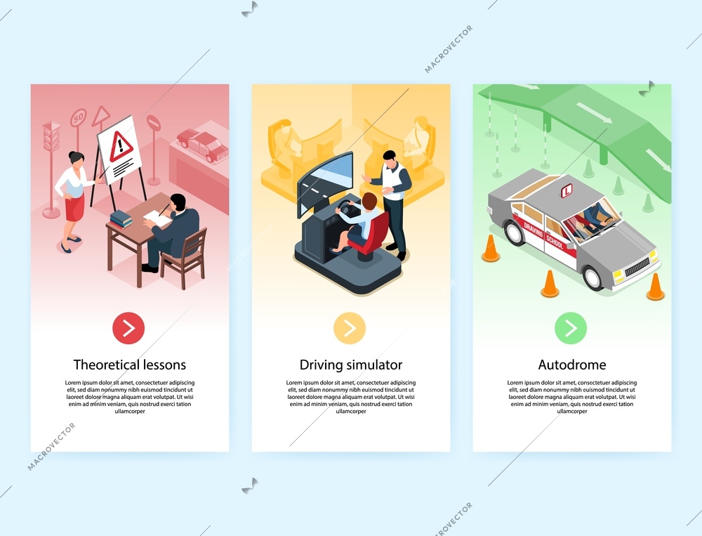 Isometric driving school vertical banners collection with clickable buttons text and images of classroom car simulator vector illustration