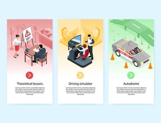 Isometric driving school vertical banners collection with clickable buttons text and images of classroom car simulator vector illustration