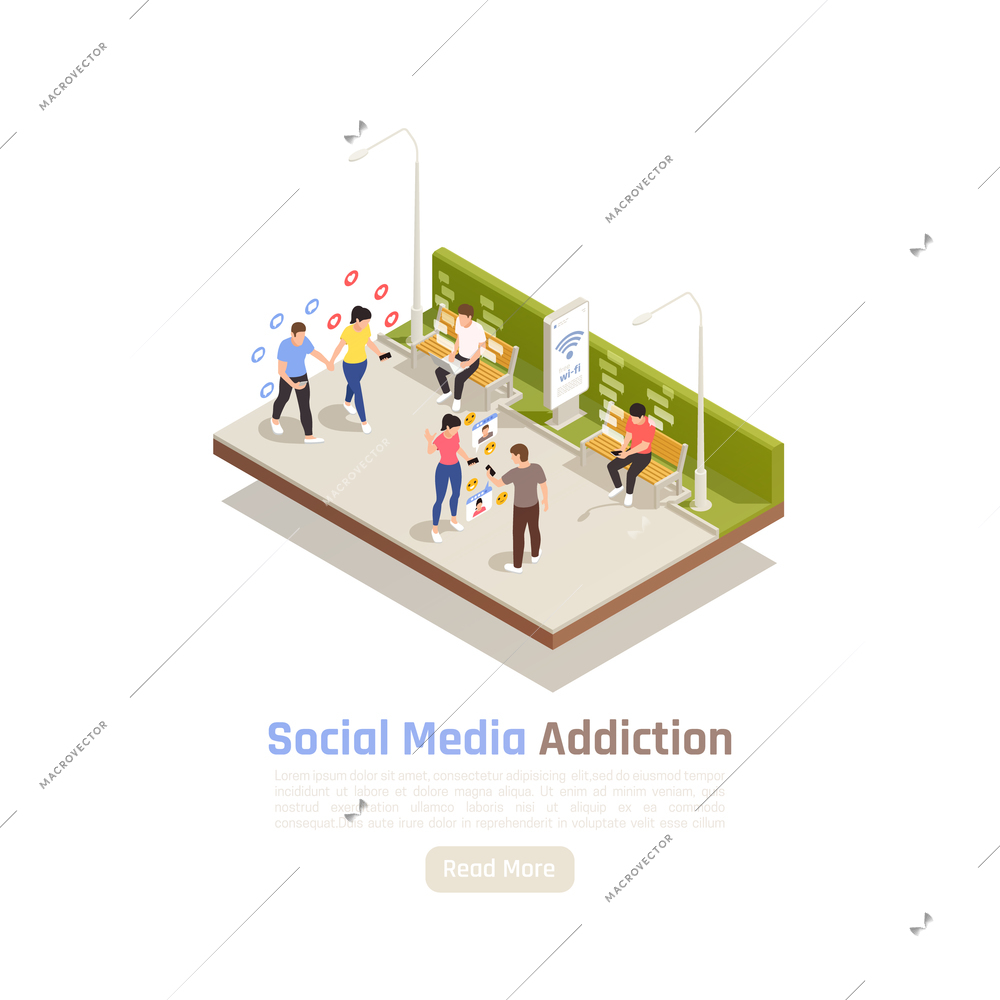 Social network addiction isometric background composition with read more button editable text and outdoor parkway scenery vector illustration