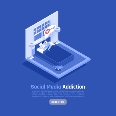 Social network addiction isometric background composition with text more button and sleeping man dreaming of likes vector illustration