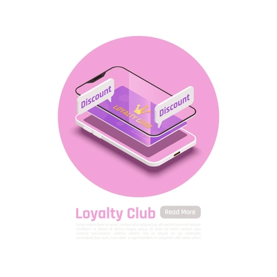 Customer loyalty retention isometric background with images of smartphone layer frames text and read more button vector illustration