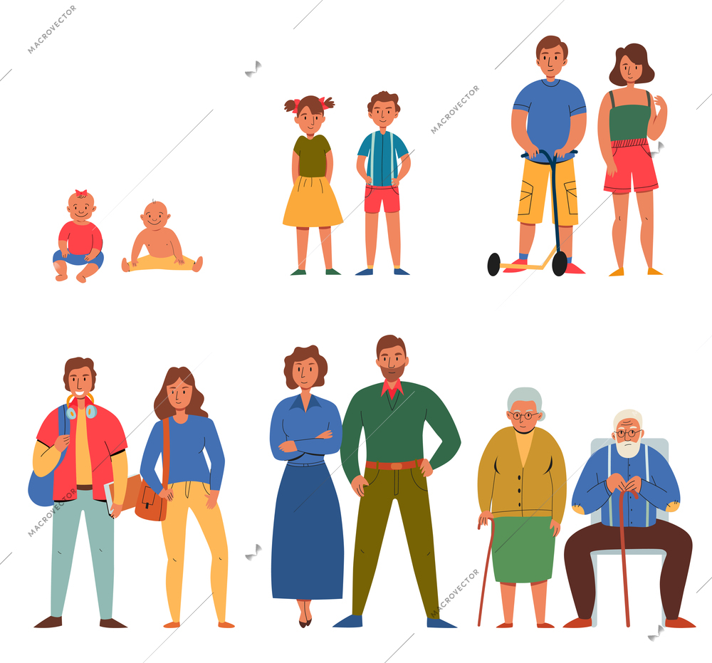 Flat icons set with different generations of people isolated on white background vector illustration