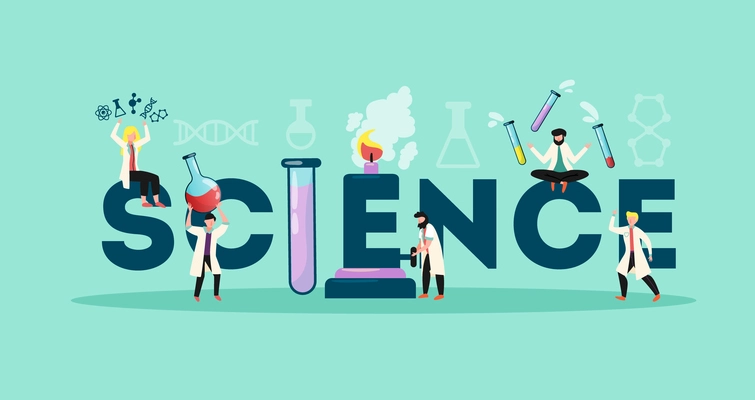 Science title header lettering decorated with lab assistants juggling with test tubes retorts flat horizontal vector illustration