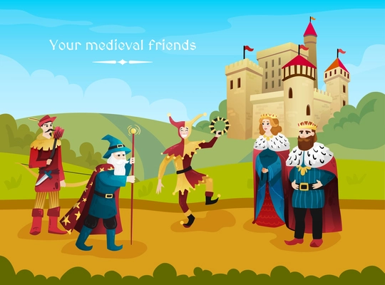 Medieval kingdom flat composition with royal couple jester magician archer outdoor with castle on background vector illustration