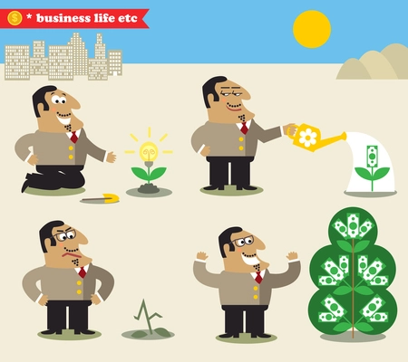 Business life. Boss watering tree from idea to profit set vector illustration