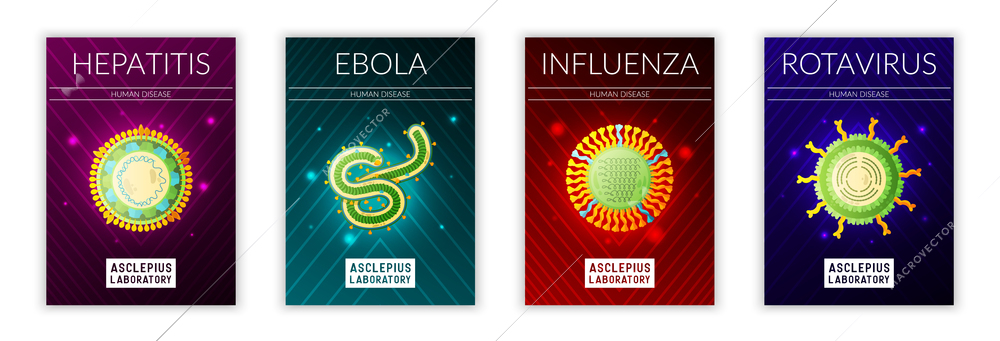 Common viruses 4 posters set with hepatitis ebola influenza rota images with bright colorful background vector illustration