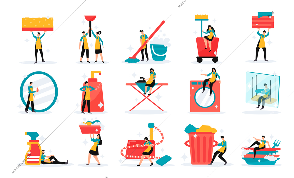 Professional home and industrial cleaning service team tools detergents duties flat funny icons set isolated vector illustration