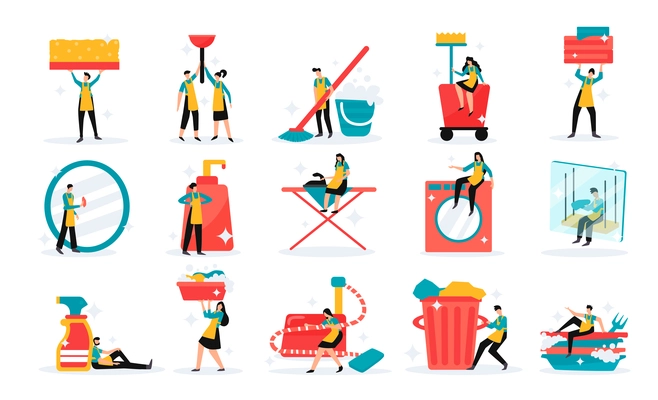 Professional home and industrial cleaning service team tools detergents duties flat funny icons set isolated vector illustration