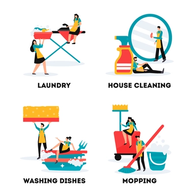 House cleaning services and industrial cleaners teams 4 flat compositions with laundry mopping washing dishes vector illustration