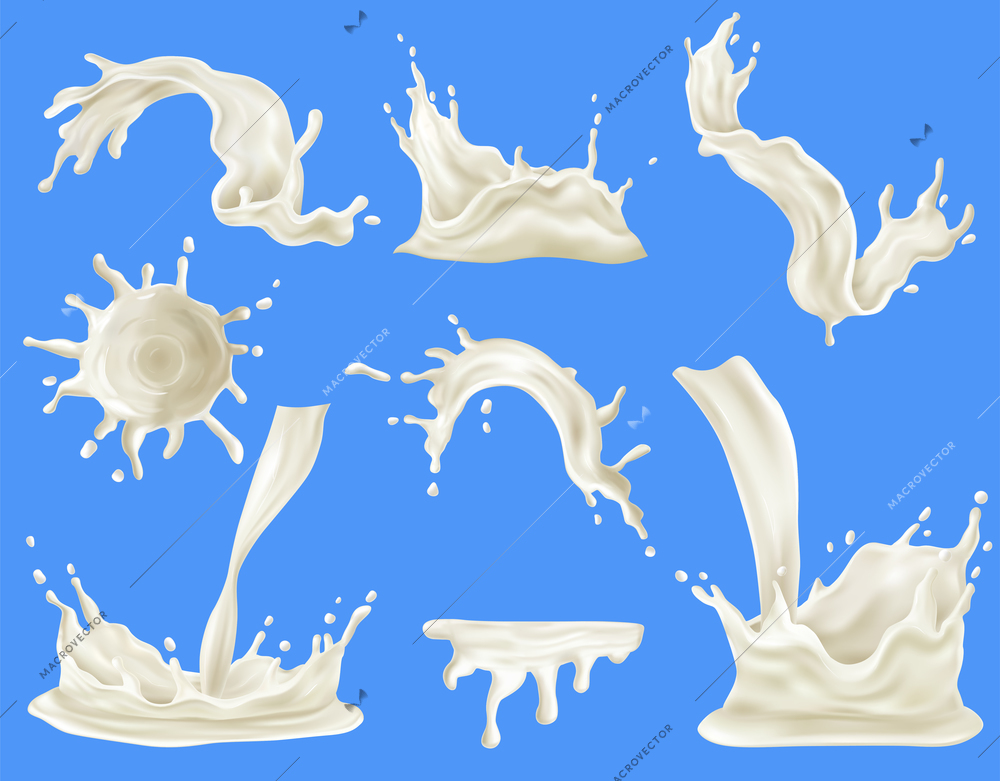 Milk splash realistic set on blue background isolated vector illustration