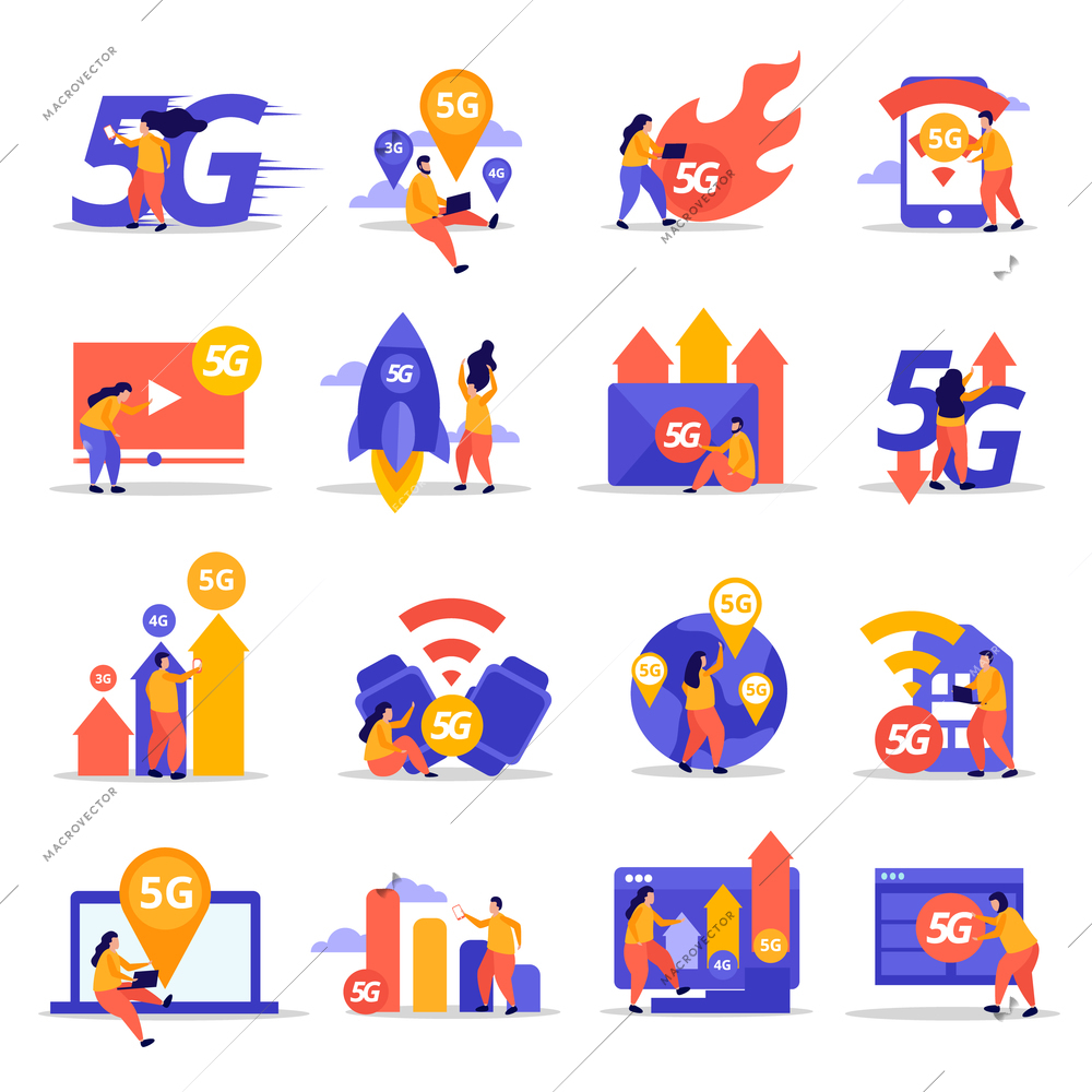 Fast speed internet flat icons demonstrated cloud technology wifi signal transmission 5G mobile communication vector illustration