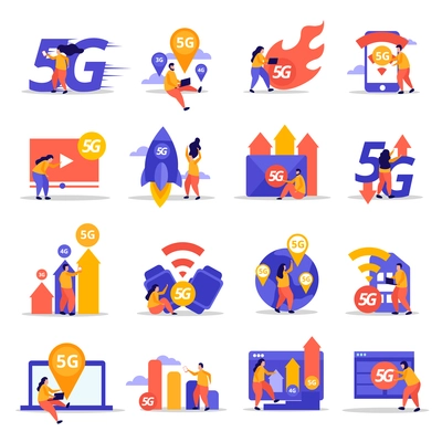 Fast speed internet flat icons demonstrated cloud technology wifi signal transmission 5G mobile communication vector illustration