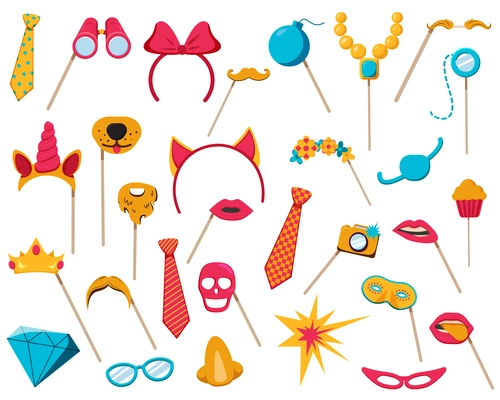 Photo booth props accessories collection with cupcake mask diamond glasses party objects flat white background vector illustration