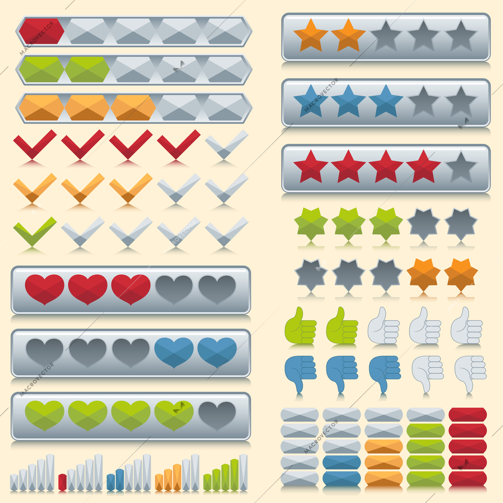 Rating voting icons set of stars check marks hearts isolated vector illustration