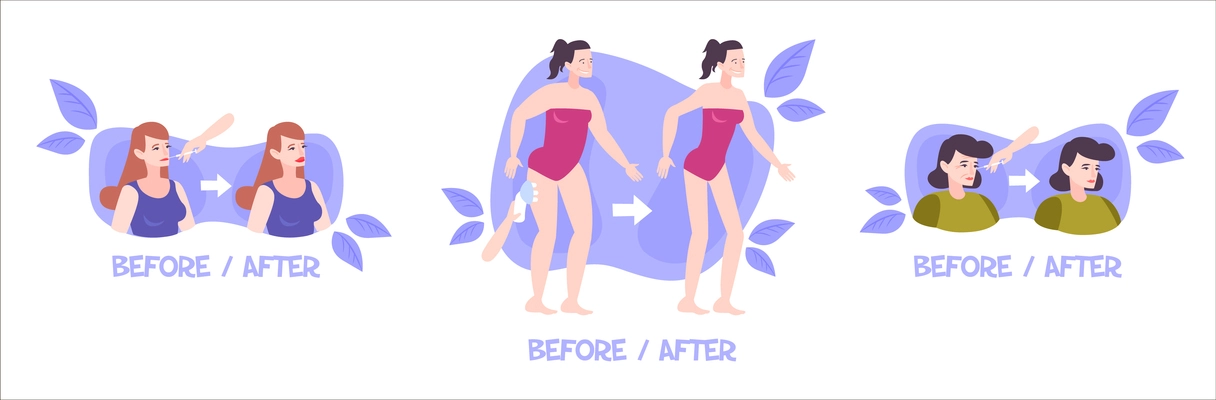 Set of before after compositions with images representing effects of cosmetic procedures to human face and body vector illustration