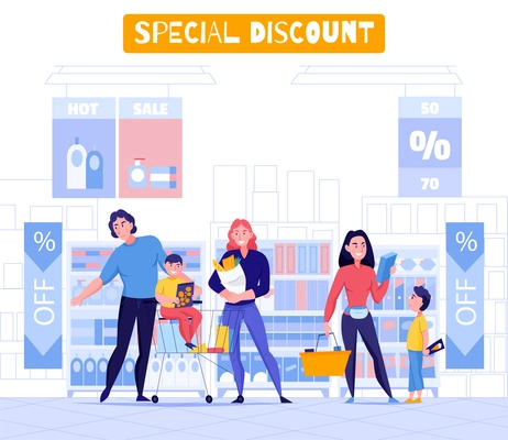 Supermarket and customers background with special discount symbols flat  vector illustration