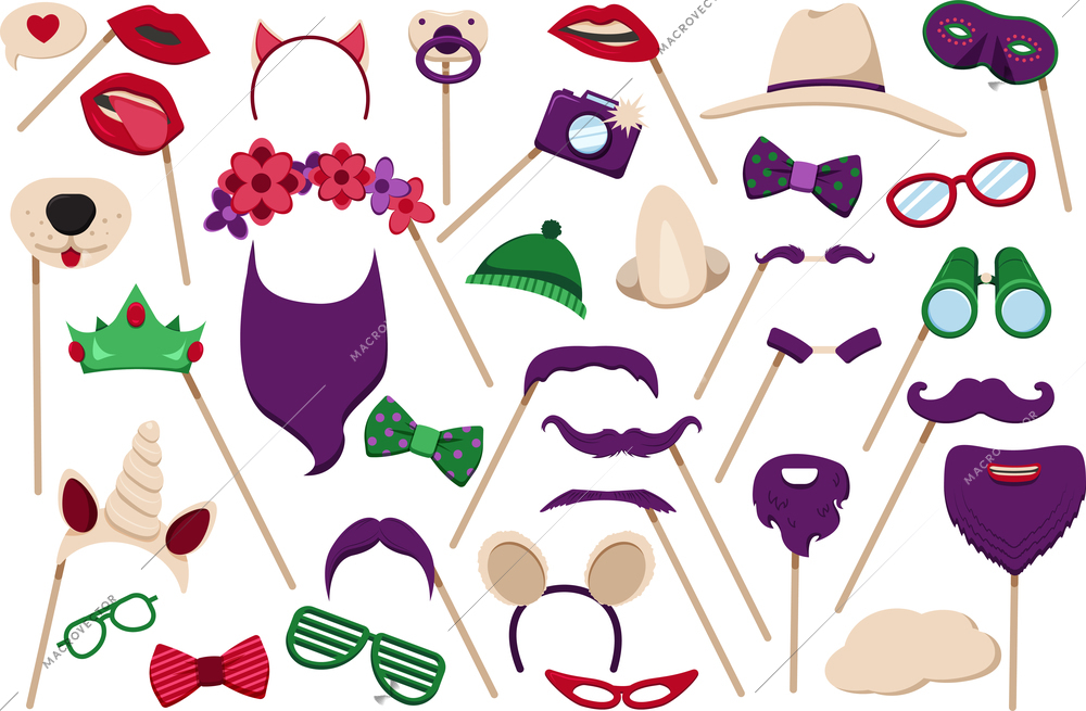 Photo booth props accessories flat icons collection with lips hats glasses party vacation objects isolated vector illustration