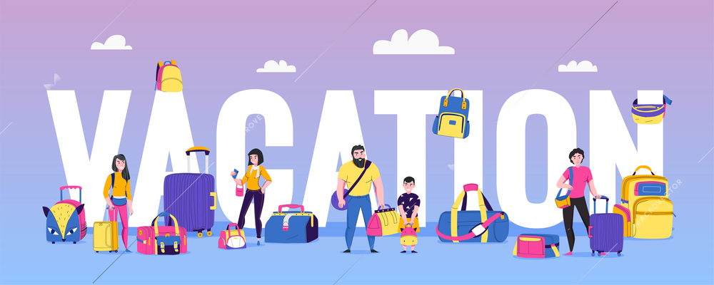 Vacation and travel concept with travel bags types flat vector illustration