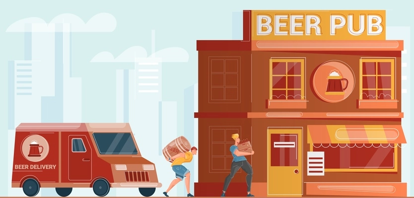 Two men from beer delivery service carrying barrel and bottles into pub building flat vector illustration