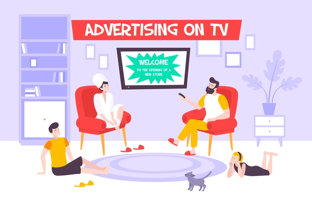 Advertising tv flat composition of living room interior with relaxing family and television set showing advertisement vector illustration