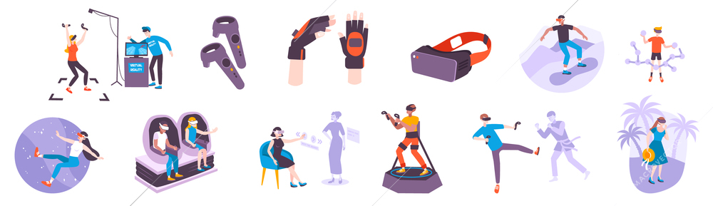 Set with isolated vr people flat doodle style characters with silhouettes of virtual neighbourhoods and wearable gadgets vector illustration