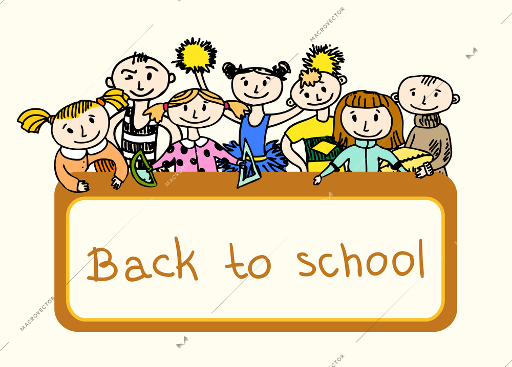 Decorative back to school emblem print banner with children playing in sport games sketch doodle illustration