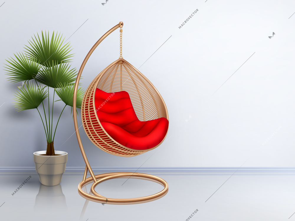 Wicker swing chair with plant interior realistic composition with shadows and glossy floor with bright wall vector illustration