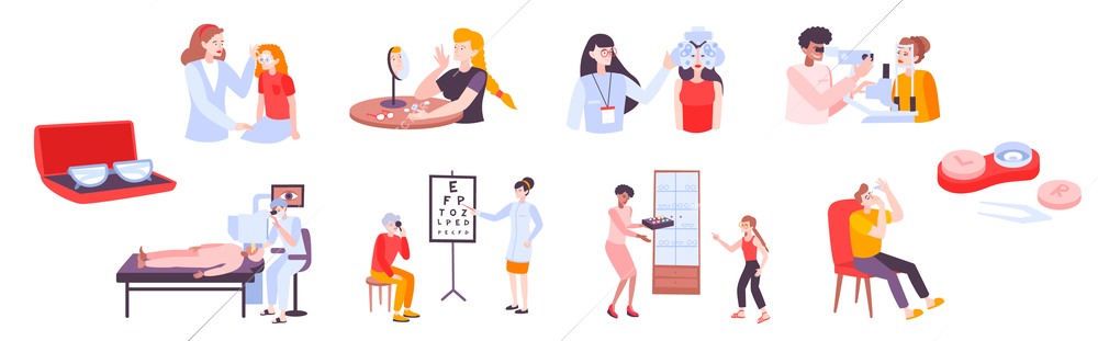 Ophthalmology vision set with isolated characters of doctors patients and eye care products on blank background vector illustration