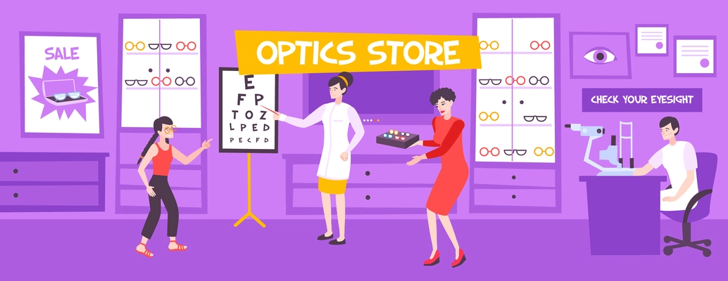 Optics store flat composition with glasses on shop display pieces of furniture human characters and text vector illustration