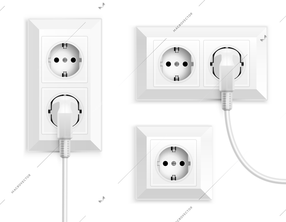 Power socket realistic set with isolated images of wall mounted power outlets with electric plugs vector illustration