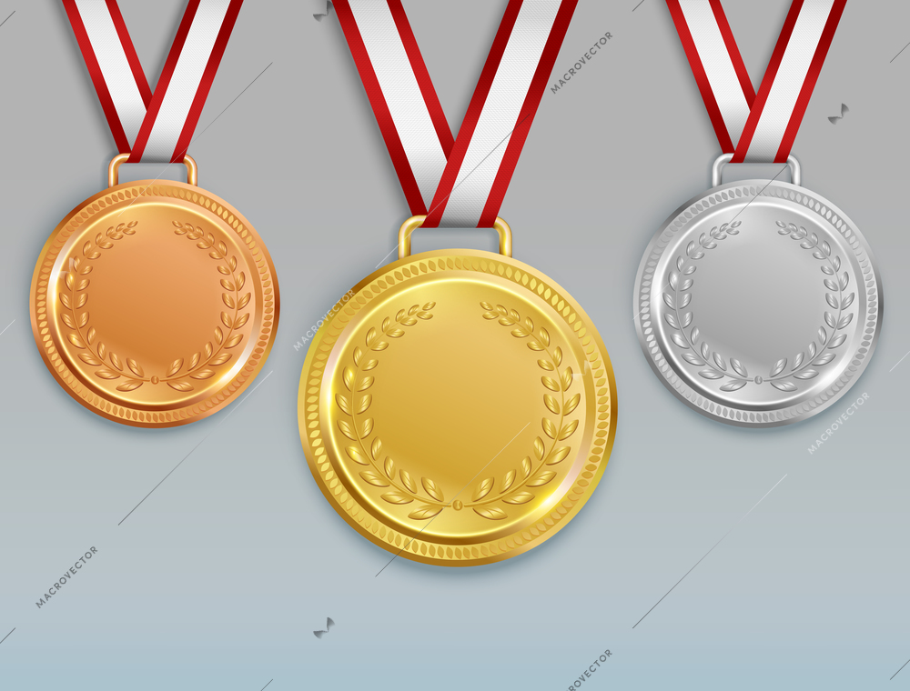 Medal realistic set with images of golden silver and bronze medals for competition winners with ribbons vector illustration