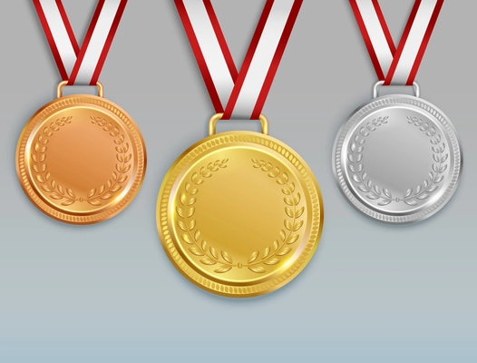 Medal realistic set with images of golden silver and bronze medals for competition winners with ribbons vector illustration