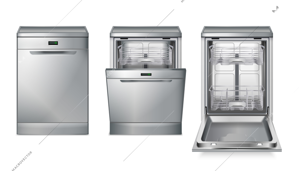 Dishwasher machine grey realistic set with three isolated images with different views of dish washing machine vector illustration