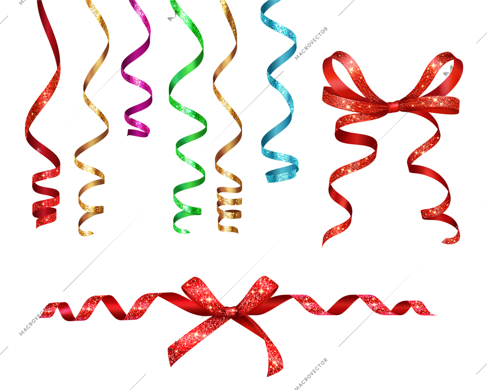 Curled ribbons serpentine with glitters realistic collection on blank background with isolated images of party decorations vector illustration