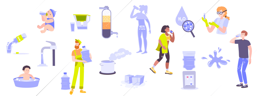 Set with isolated drinking water flat human characters with bottles and glasses of pure drinking water vector illustration