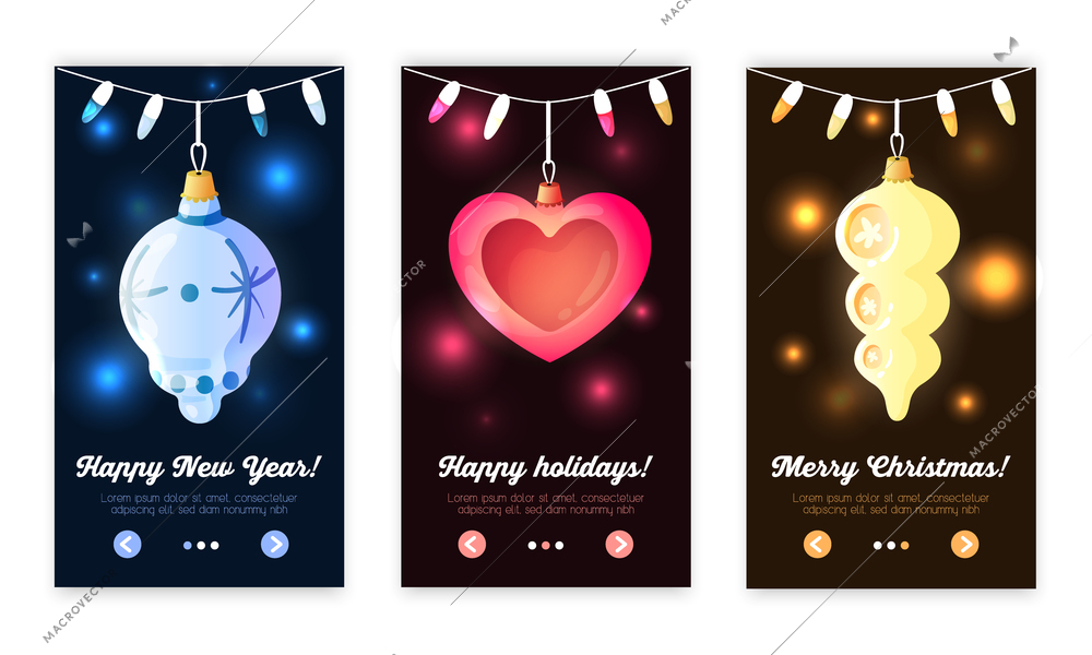 Christmas vintage retro decorations toys closeup 3 season greetings festive vertical blurred lights background banners vector illustration