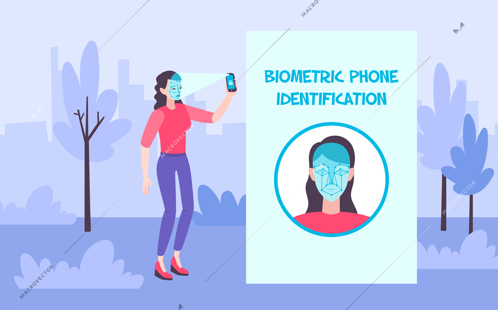 Biometric phone identification composition with text and outdoor scenery with woman unlocking smartphone with face id vector illustration