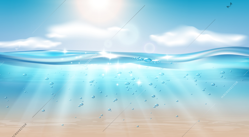 Underwater ocean wave landscape realistic composition with sky and shining sun with water bubbles and vector illustration