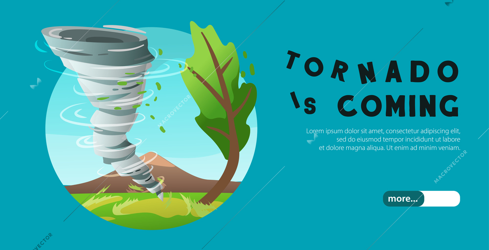 Natural disasters horizontal banner with tornado tracking web server images forecast info landing page green background vector illustration