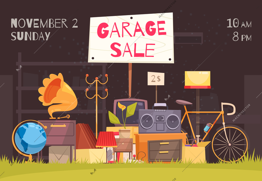 Garage sale poster with date and time symbols flat  vector illustration