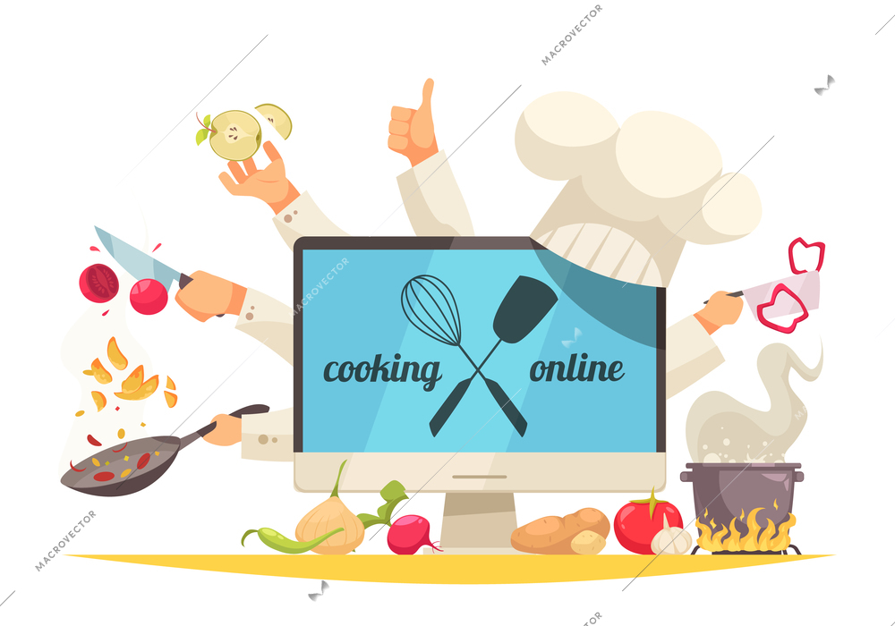 Cooking online concept with chef workshop symbols flat vector illustration