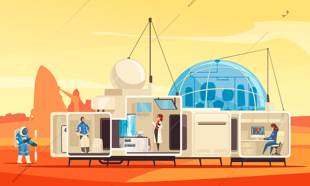 Planets colonization mission flat composition with human habitat station expedition research scientists on mars surface vector illustration